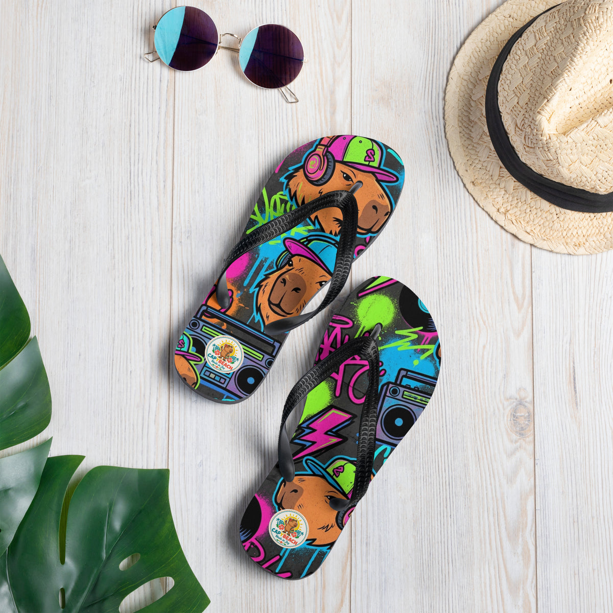Tongs CAPYBEACH STREET Graffiti — motif graffiti fluo et boombox, vue 2