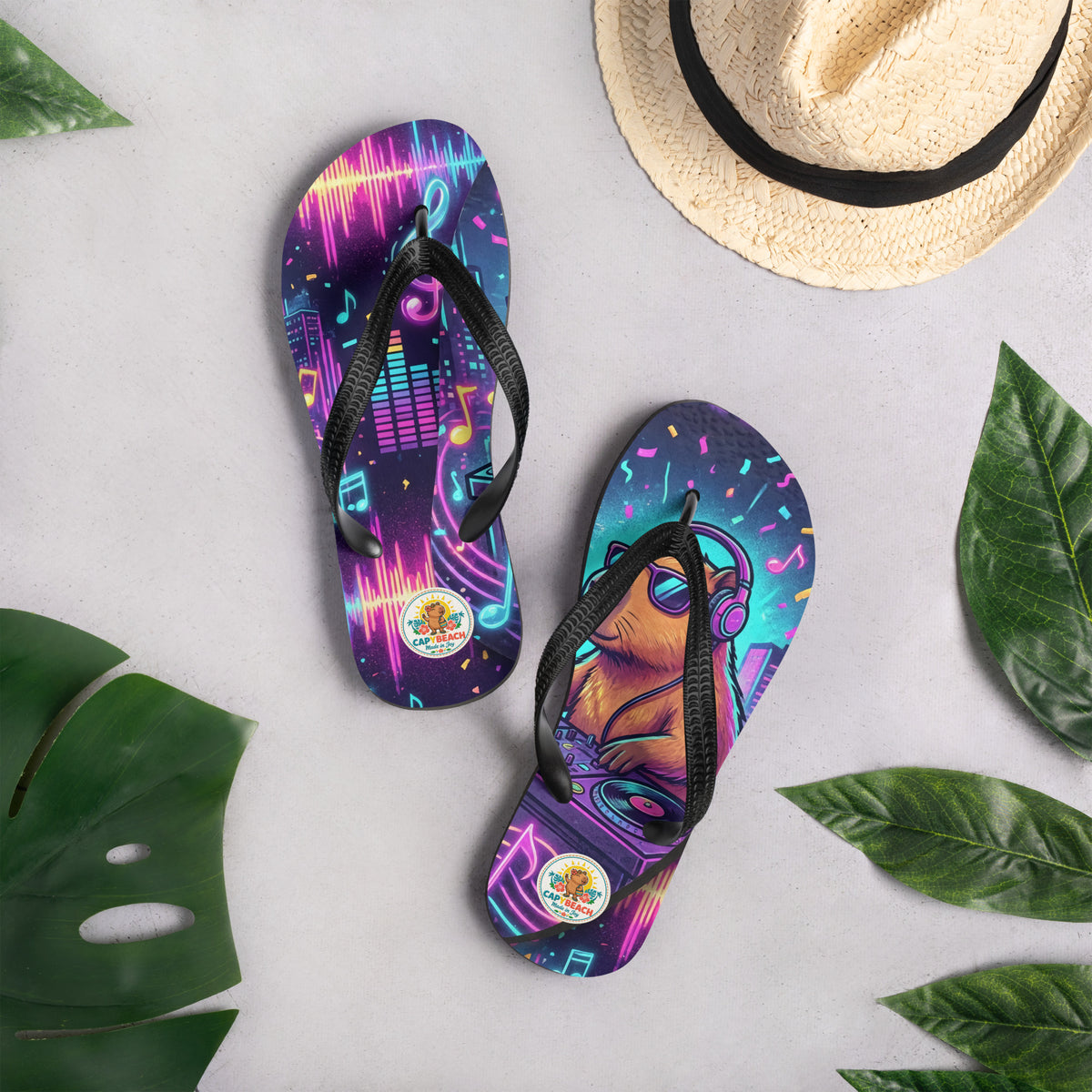Tongs CAPYBEACH STREET DJ Capybeat — capybara DJ néon aux platines, vue 3